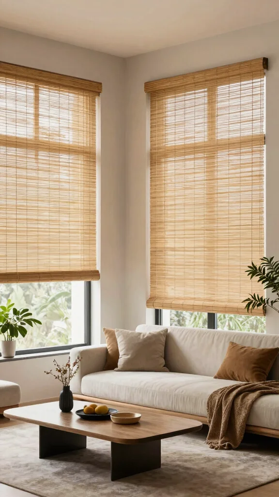 14 Living Room Curtain Ideas for Light, Privacy, and Style - 4. Minimalist Magic: Bamboo Shades 1