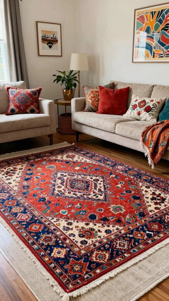 14 Living Room Rug Ideas to Ground and Define Your Space - 11. Rustic Cotton Dhurrie Rugs 1