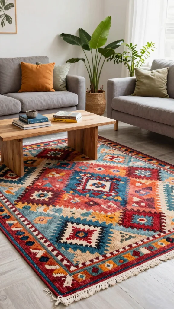 14 Living Room Rug Ideas to Ground and Define Your Space - 13. Trendy Kilim Rugs 1