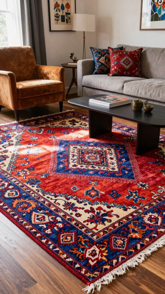 14 Living Room Rug Ideas to Ground and Define Your Space - 8. Artistic Handwoven Rugs 1